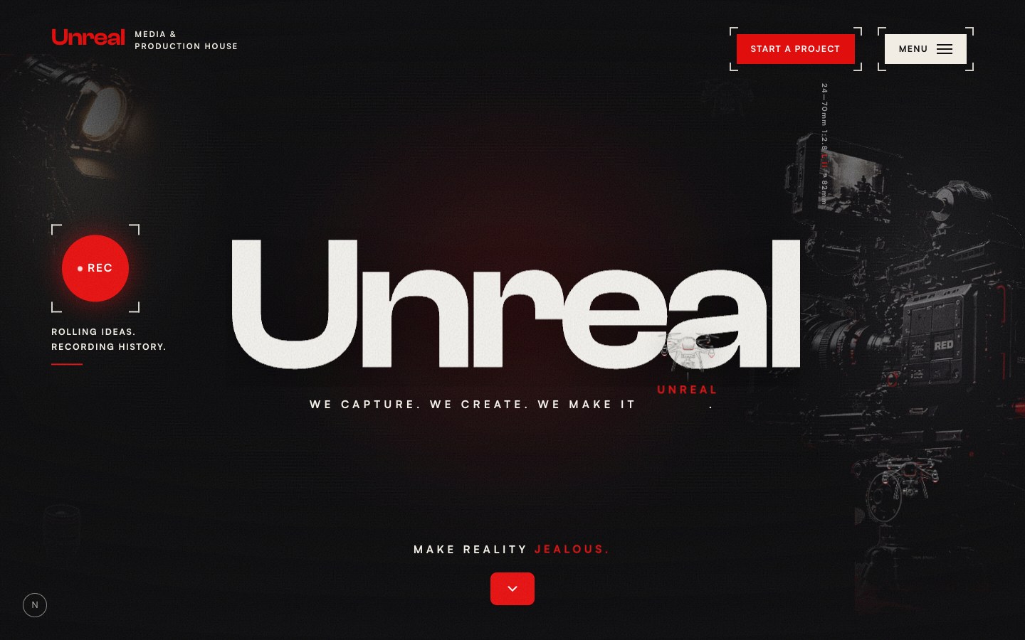 Unreal Media production website with red accents and a cinematic camera composition