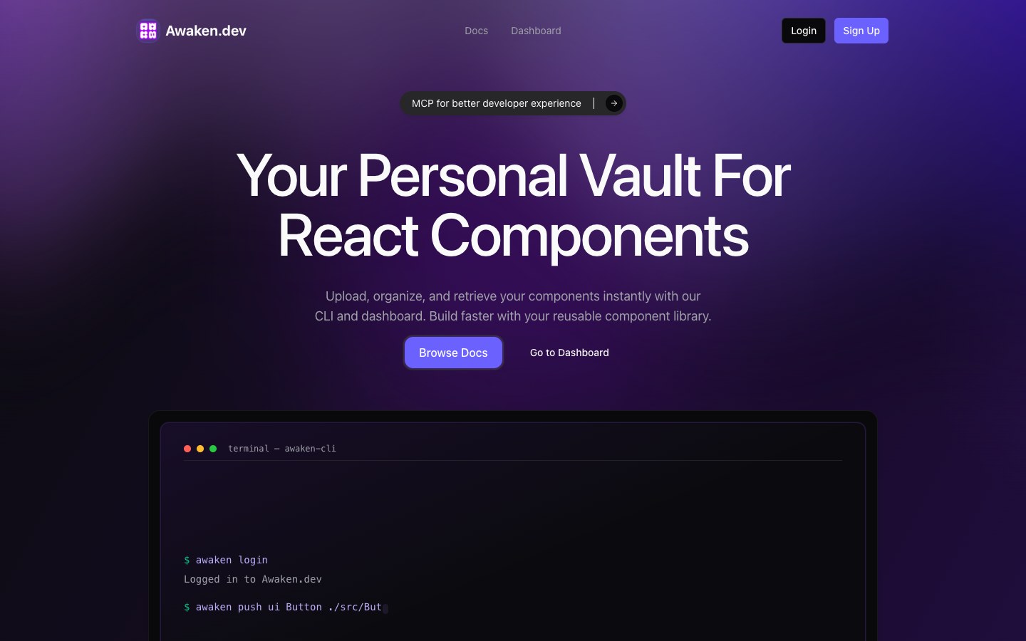 Awaken.dev live component vault landing page